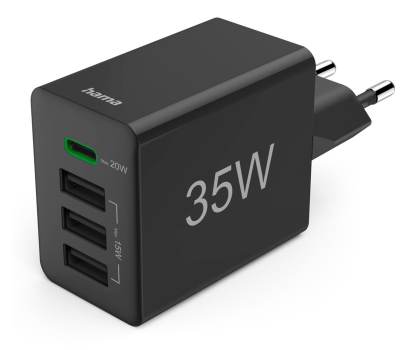Ładowarka i akumulator HAMA ŁADOWARKA SIECIOWA 35W (3X USB- A, 1X USB-C), CZARNA